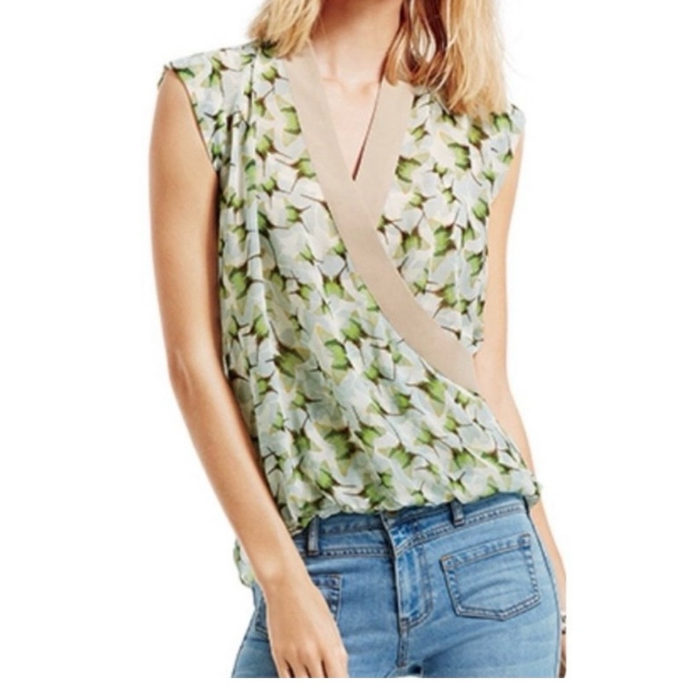 CAbi Floral Surplice Sleeveless Blouse - Green and Cream